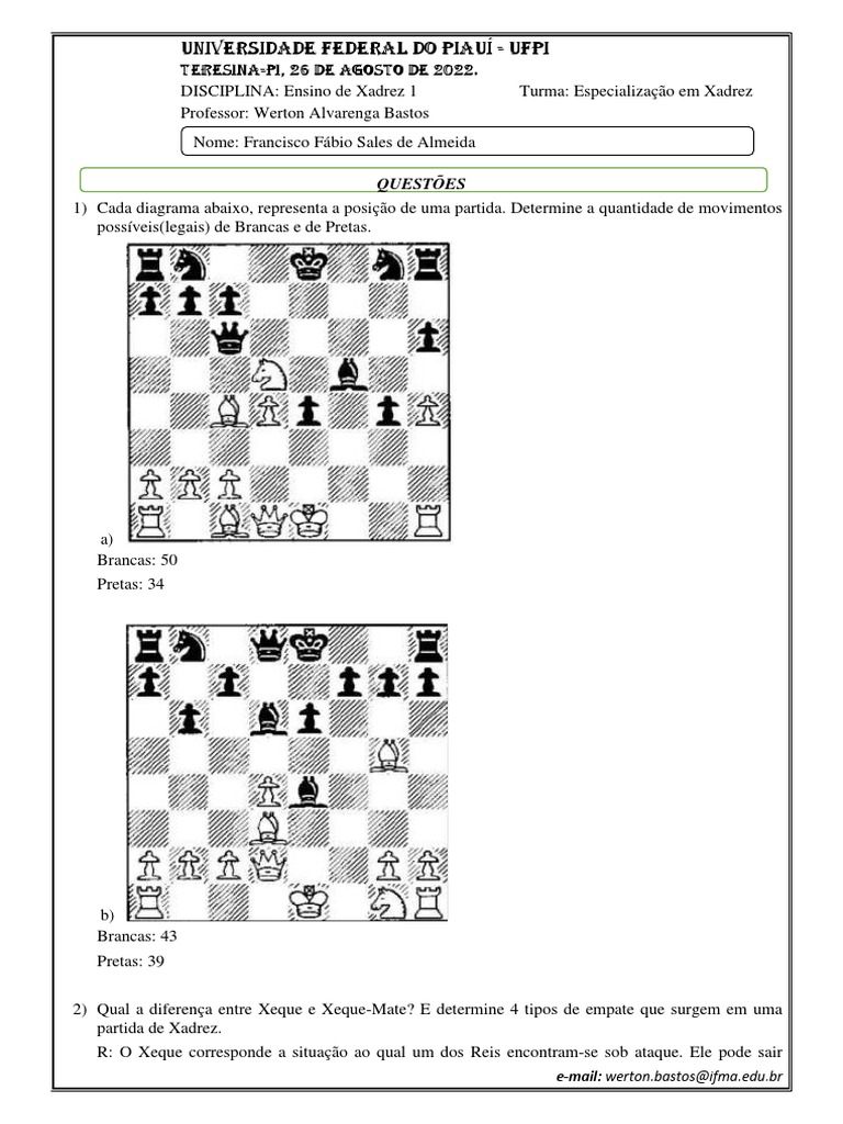 Ensino de Xadrez 1 - Tarefa 03, PDF, Aberturas (xadrez)