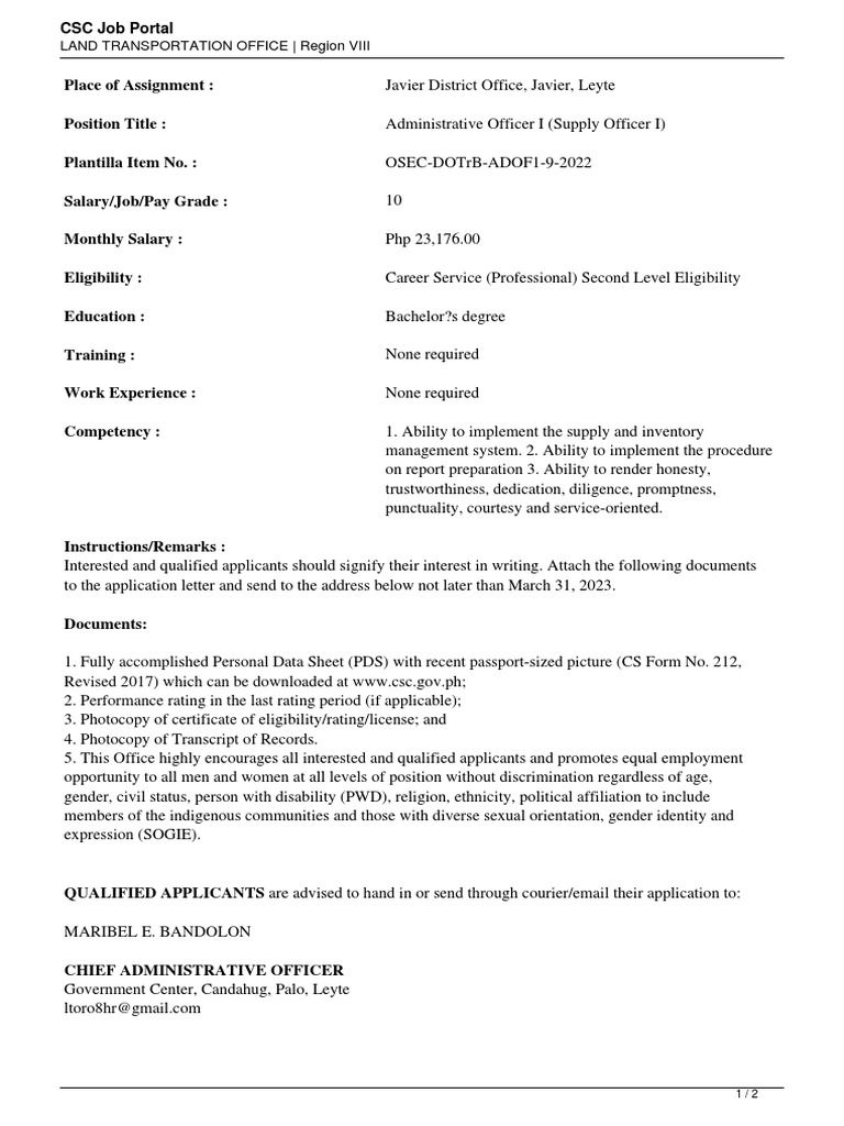 Supply officer position at the javier district office of the land