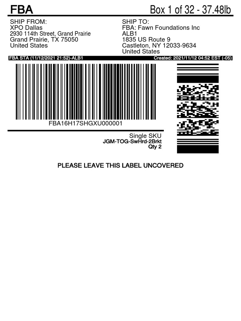 Shipment of JGMTOGSwHrd2Brkt Product from XPO Dallas to FBA