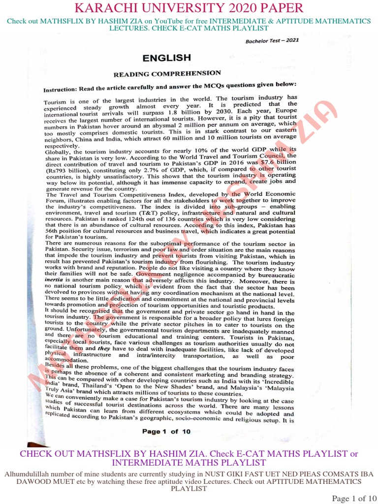 Karachi University 2020 Entry Test Paper | PDF