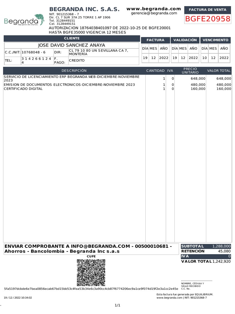 Factura de Servicio Begranda 2022 | PDF | Contabilidad