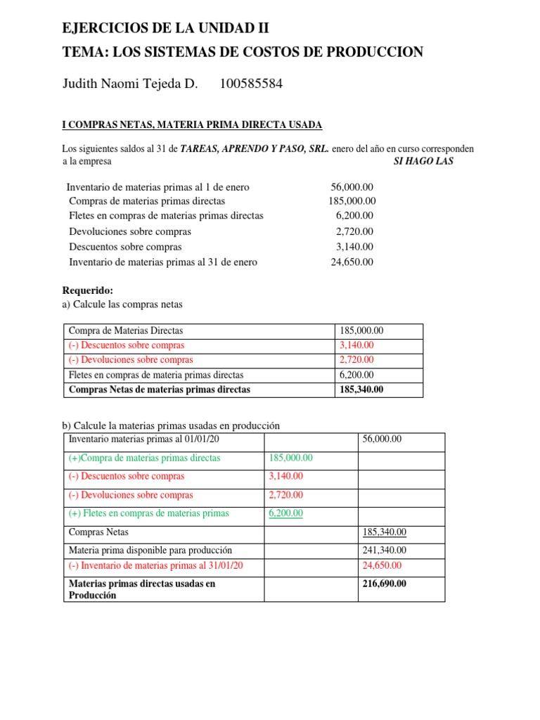 Cálculo de Compras y Costos de Producción | PDF | Inventario | Estado ...