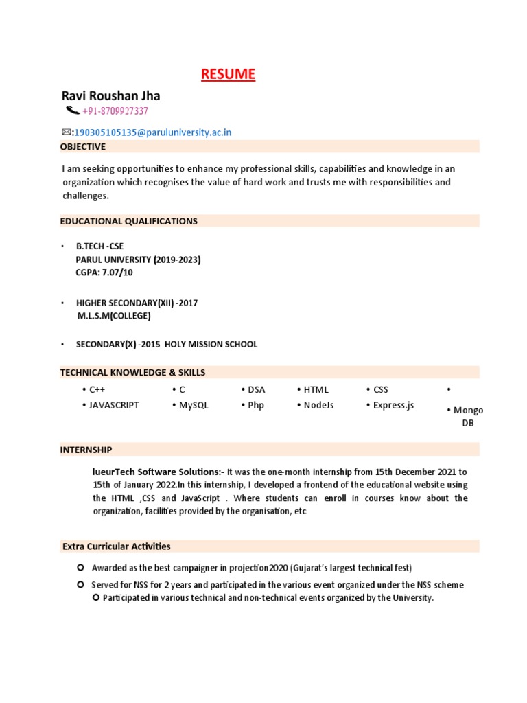 Ravi Roushan Jha - CSE Graduate Resume | PDF | Art