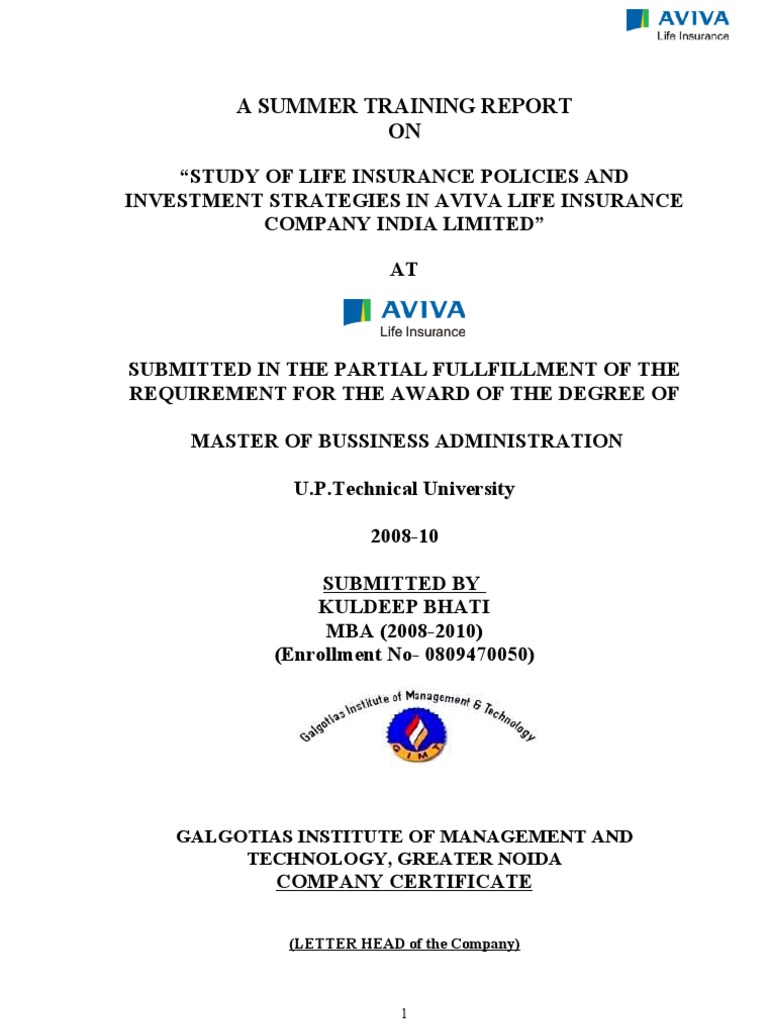 Summer Training Project Report On Study of Life Insurance Policies ...