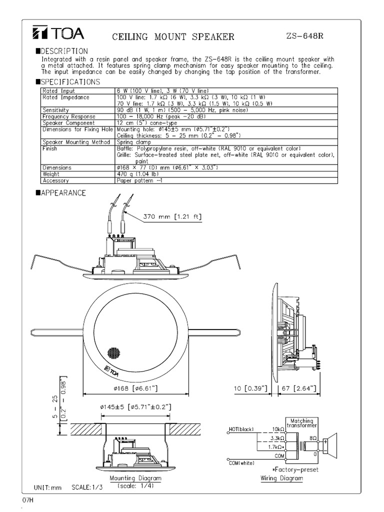 5138 Zs 648r Ceiling Mount Speaker Specification PDF