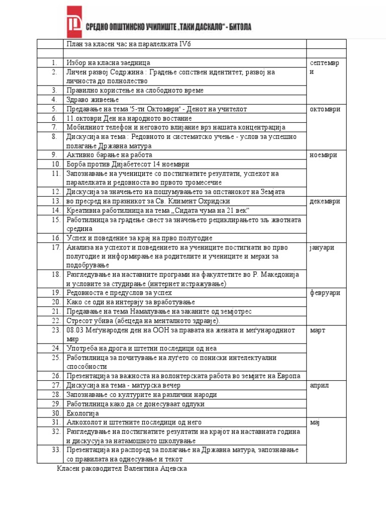 План за класен час 2 | PDF