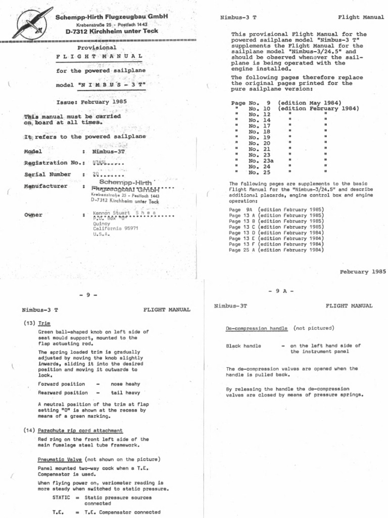 Nimbus 3T Flight Manual Text PDF Gliding Aerospace