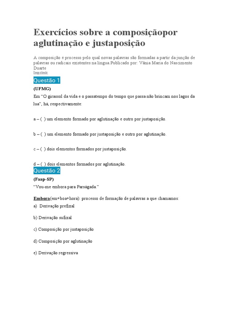 Exercícios Sobre A Composiçãopor Aglutinação e Justaposição | PDF ...