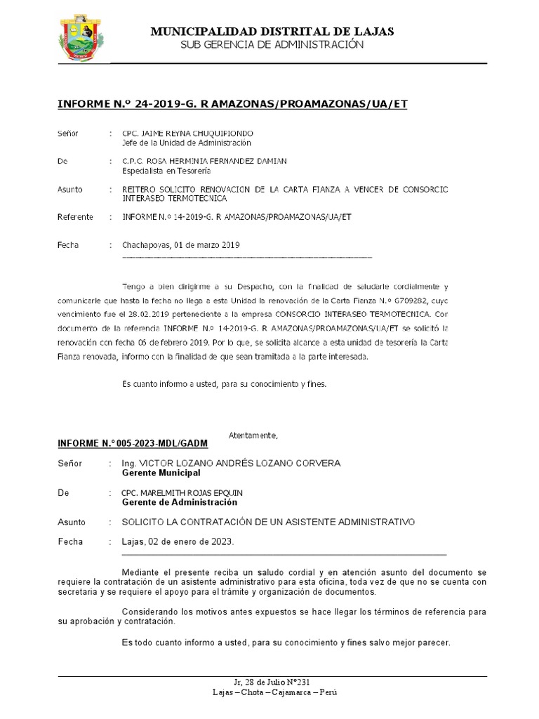 INF 005 - REQUERIMIENTO DE Asistente Administrativo | PDF