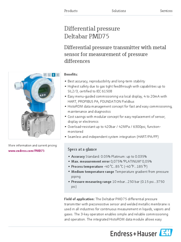 Deltabar PMD75 Differential Pressure Transmitter | PDF | Pressure ...