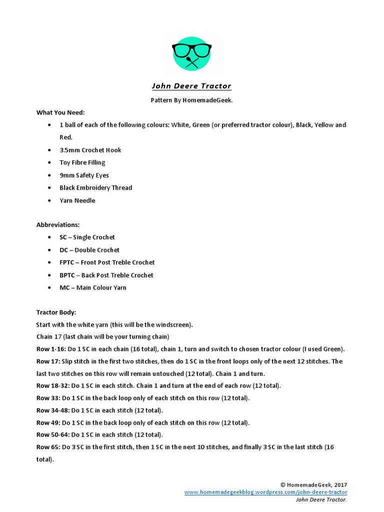 Tractor John Deere Pattern PDF Crochet Crafts