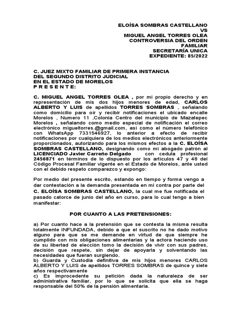 Contestación a Demanda Familiar | PDF | Demanda judicial | Principios ...