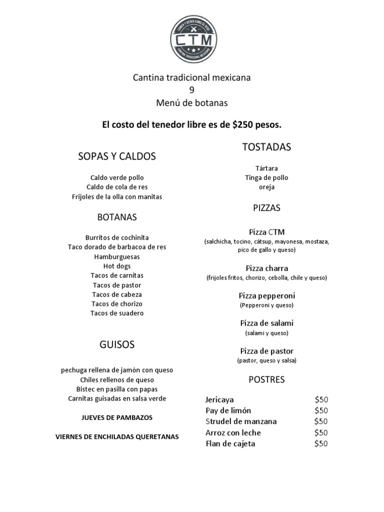 Sopas Y Caldos Tostadas: Cantina Tradicional Mexicana 9 Menú de Botanas ...