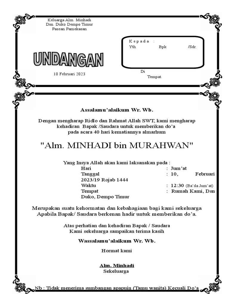 Undangan Tahlil 40 Hari | PDF