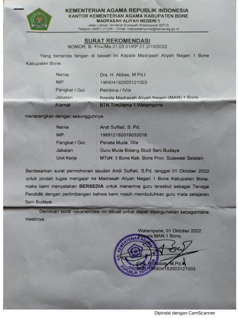 Surat Rekomendasi - 1 | PDF