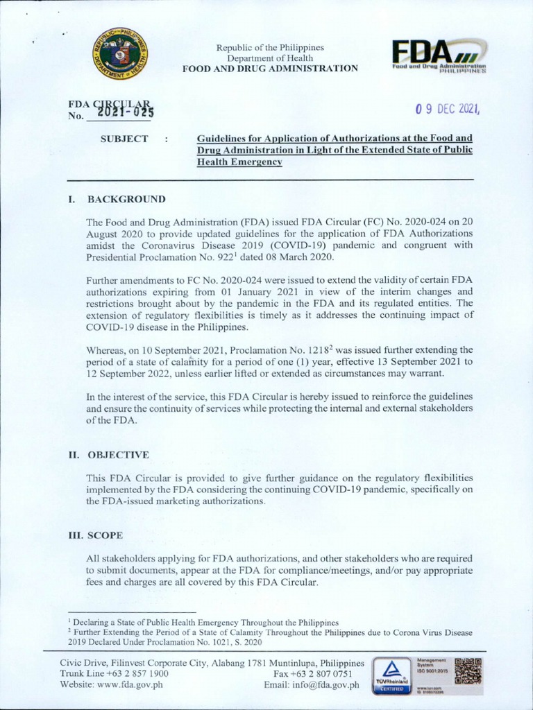 FDA Circular No. 2021-025 Extended Guidelines For Submitting ...