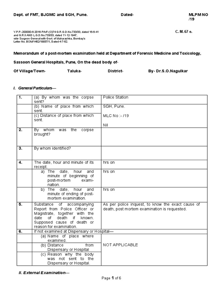 Post-Mortem Examination Report Pune | PDF | Injury | Lung