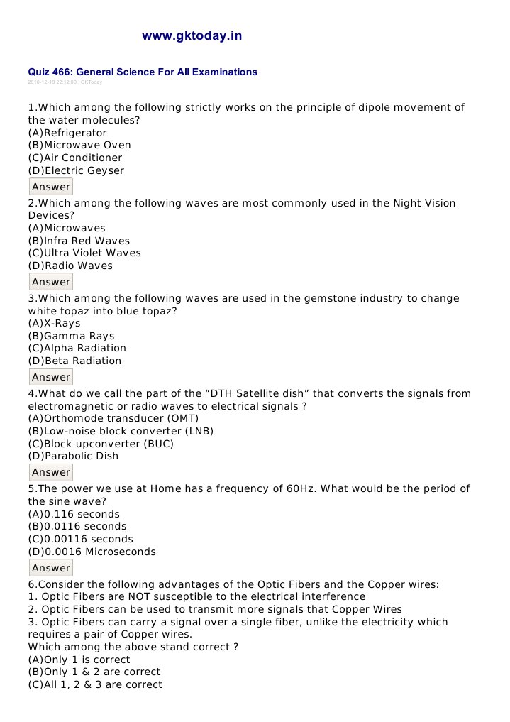 WWW - Gktoday.in: Quiz 466: General Science For All Examinations | PDF ...