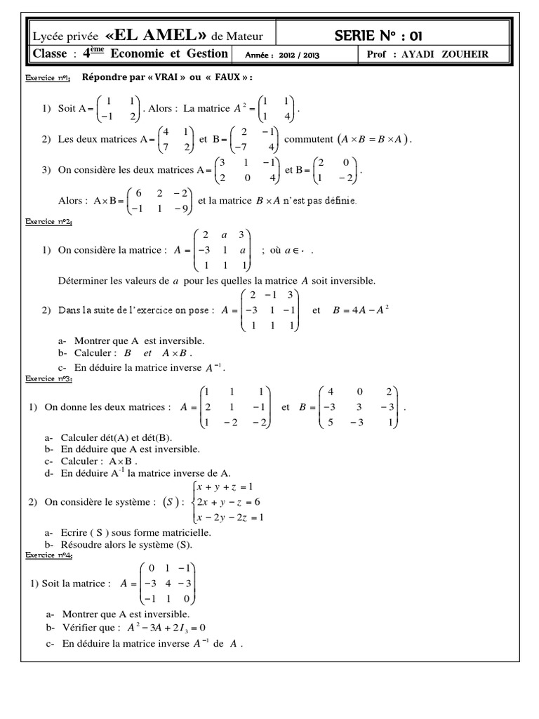 Exercice Matrices Bac Économie 2025 | PDF | Matrice (Mathématiques ...
