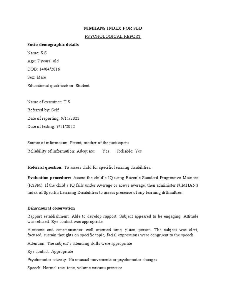 NIMHANS Psychological Report Download Free PDF Learning Disability