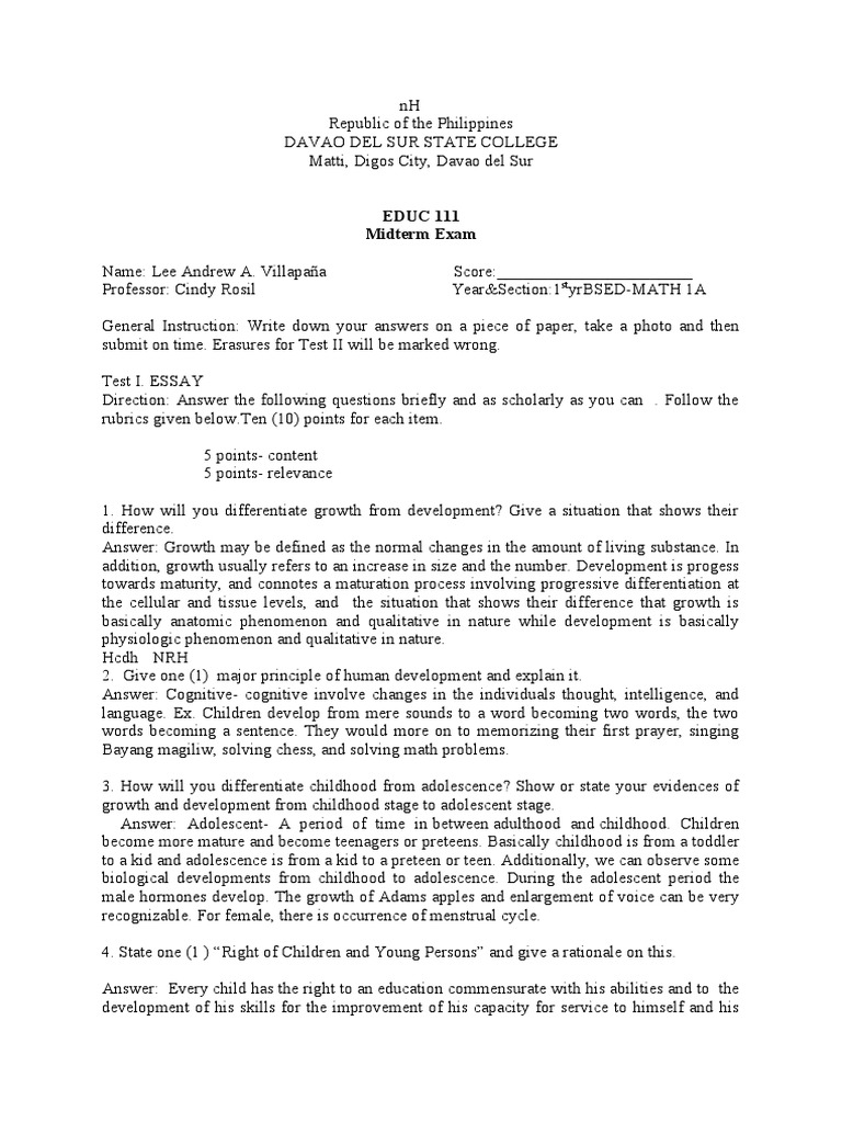 Villapana, Lee Andrew A. - Educ 111 Child Centered Midterm Exam 2 | PDF ...