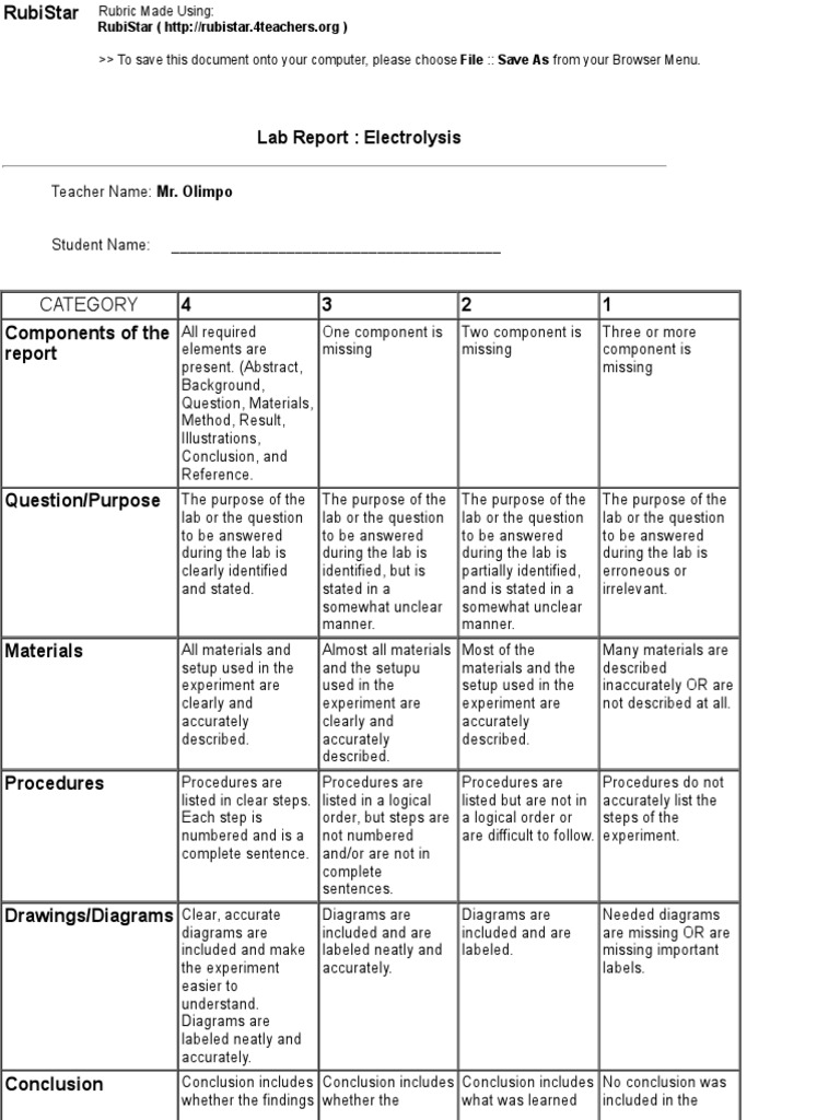 Your Rubric Lab Report Electrolysis PDF Experiment Question