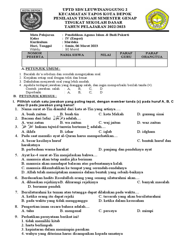 Soal Pts Pai Kelas 4 Kurmer PDF