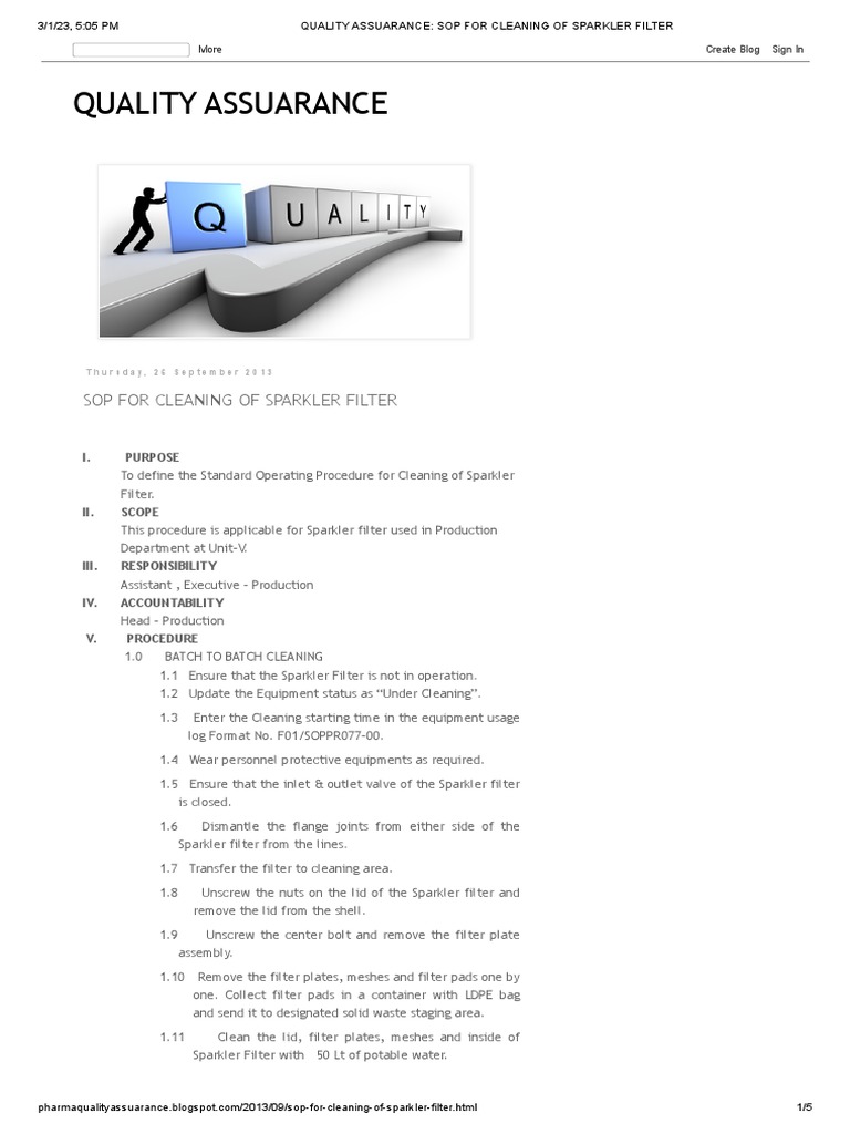Quality Assuarance Sop For Cleaning of Sparkler Filter PDF