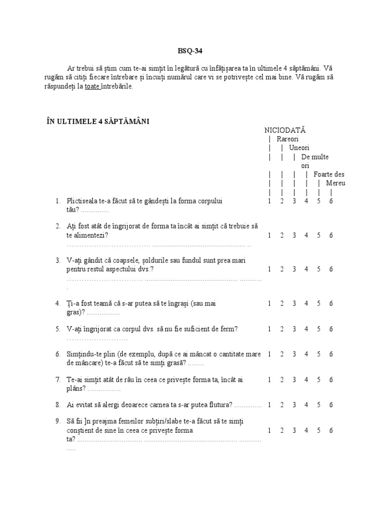 BSQ 34 (Body Shape Questionnaire) | PDF