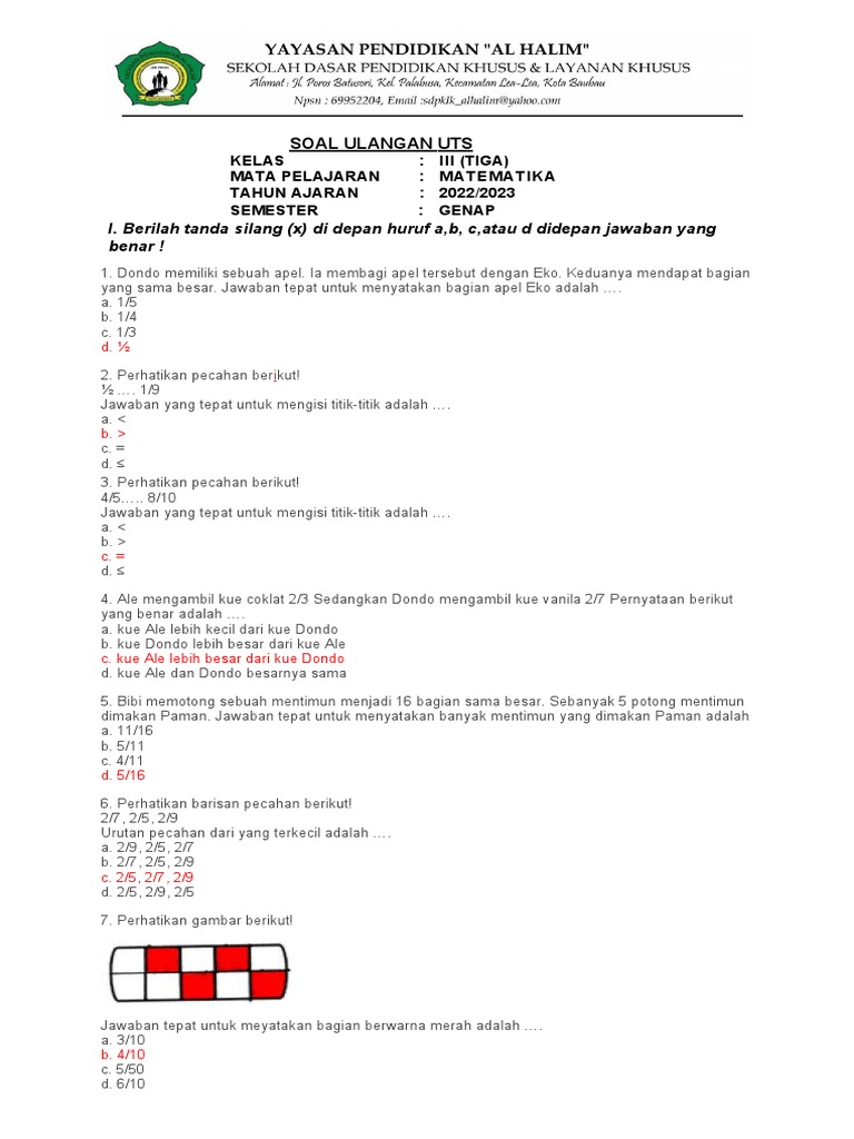 Soal UTS Matematika Kelas 3 SD | PDF | Seni & Disiplin Bahasa | Metode ...