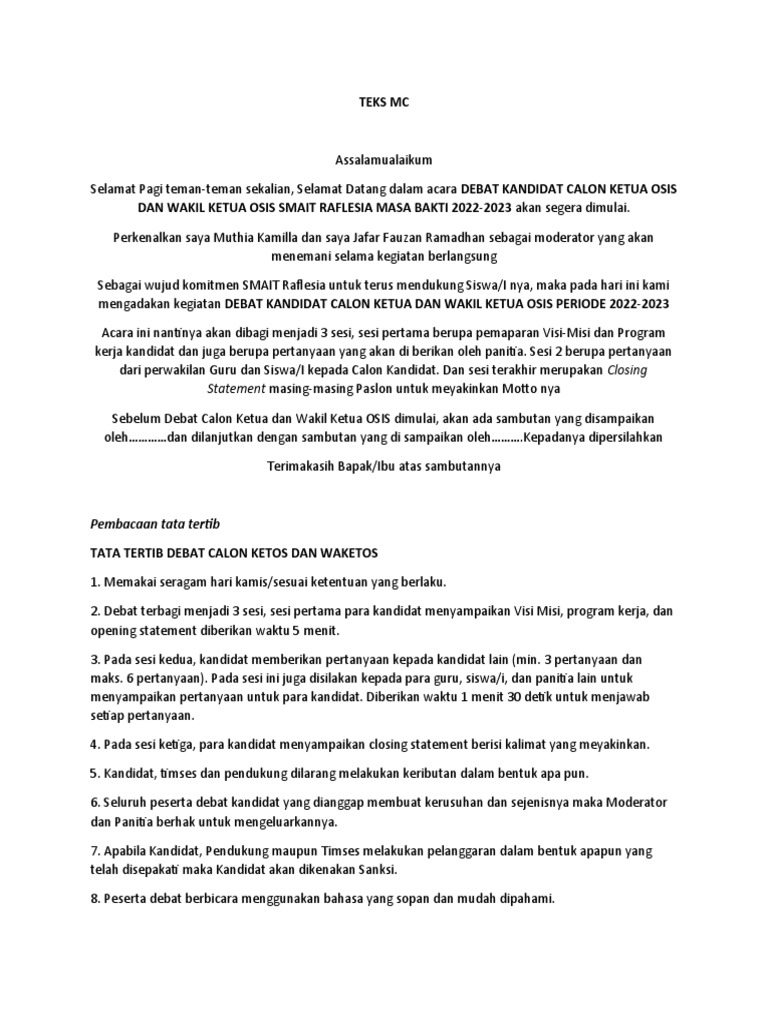 Debat Calon Ketua OSIS SMAIT Raflesia | PDF