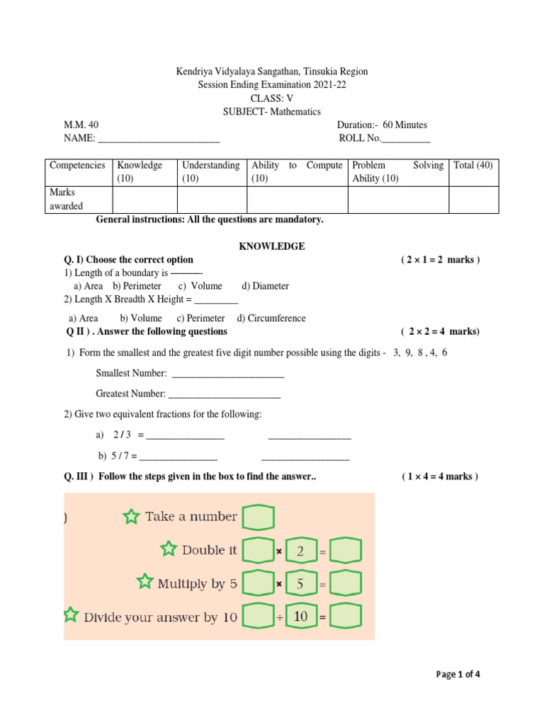Class V Maths Exam Question Paper | PDF | Area | Elementary Mathematics