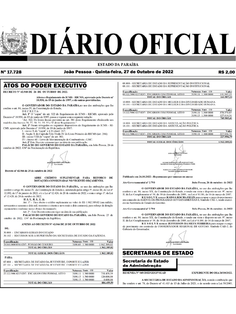 PARAIBA DIÁRIO-oficial-27-10-2022 | PDF
