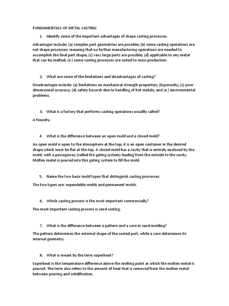 FUNDAMENTALS OF METAL CASTING (Brief Questions) PDF Casting
