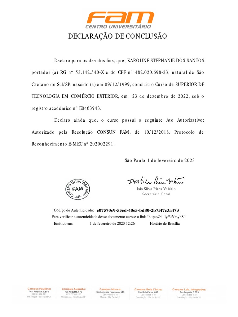 Declaração de Conclusão de Curso Superior | PDF