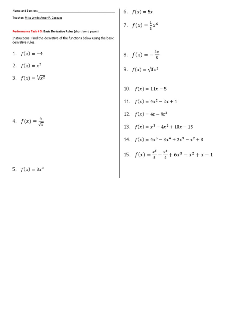 Basic Derivative Rules Practice Tasks | PDF