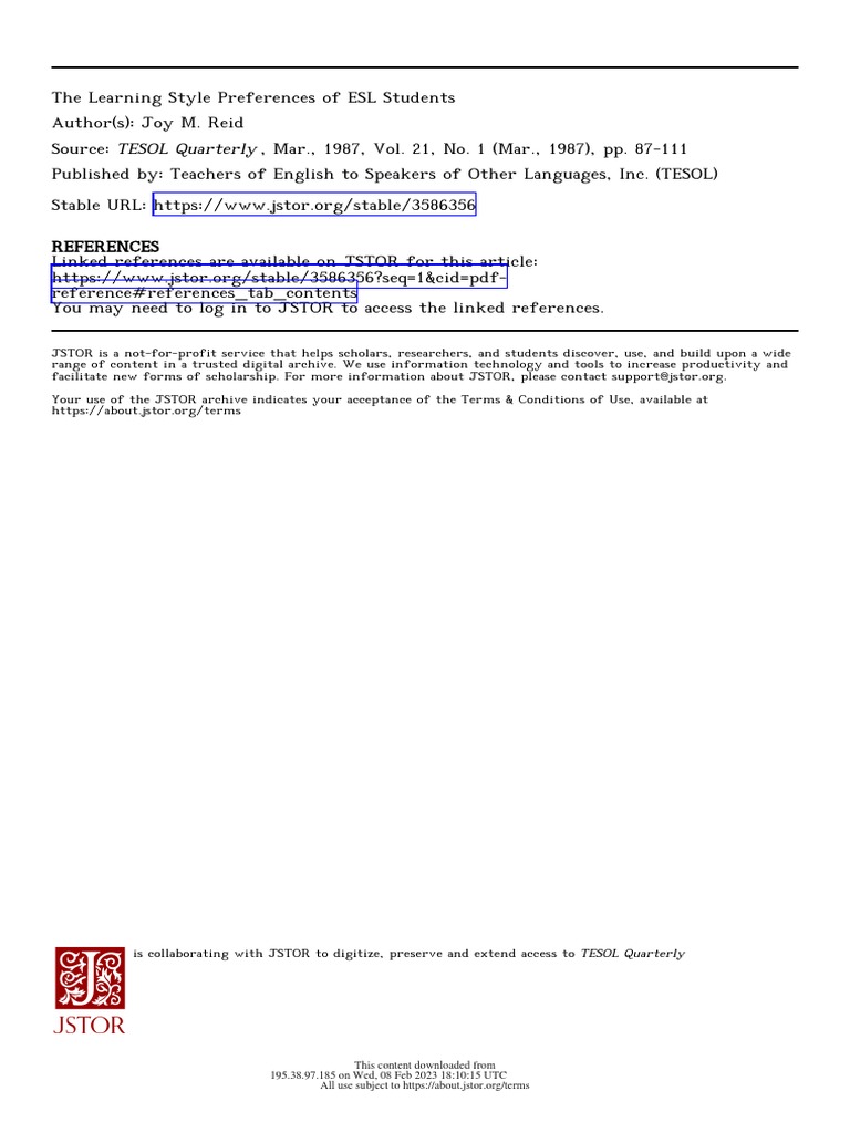 ESL Students' Learning Style Preferences | PDF | Learning Styles ...