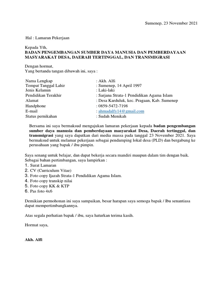 Surat Lamaran Rekrutmen Baru PLD (Akh. Alfi) | PDF | Kesehatan Holistik