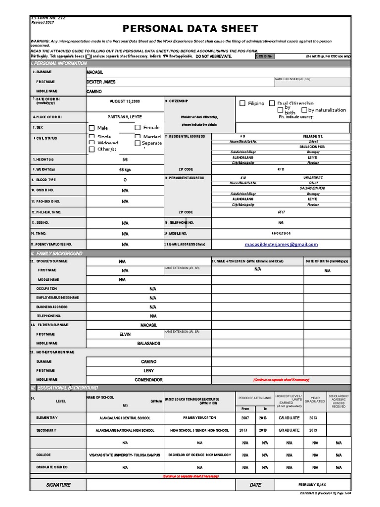Personal Data Sheet (CS Form 212) | PDF | Government | Justice