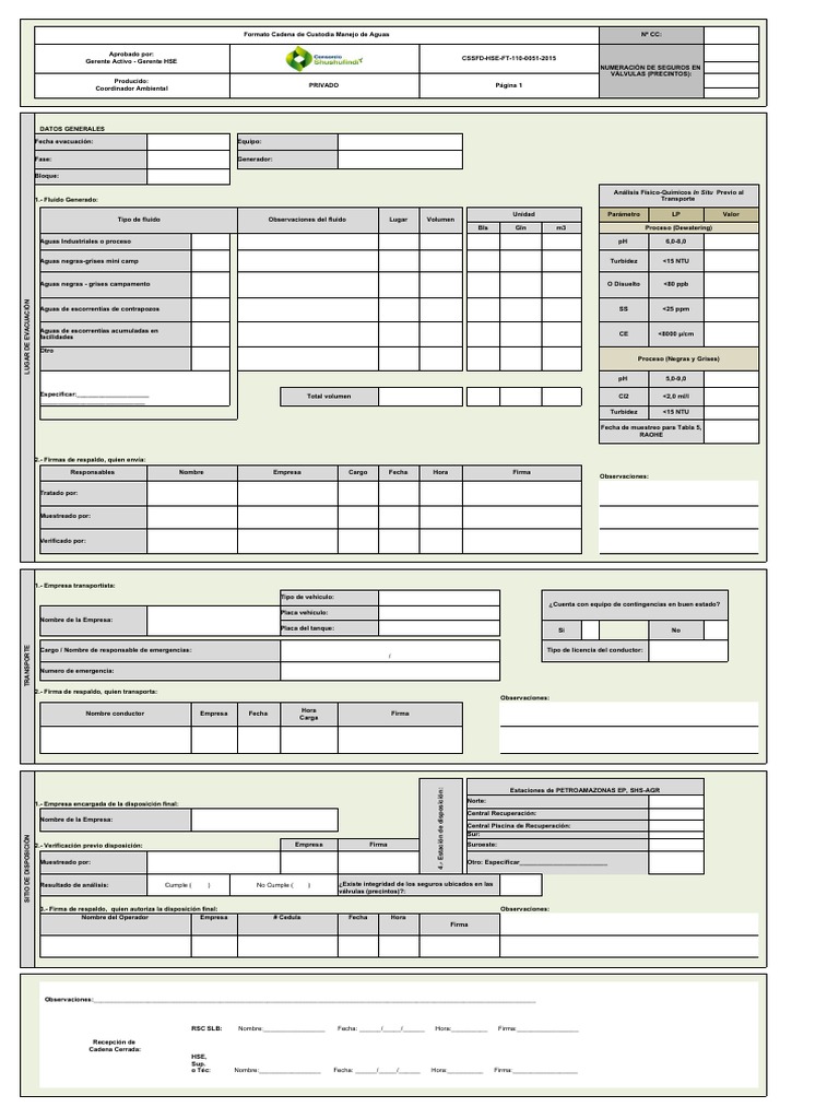 Formato Cadena Custodia Aguas Industriales | PDF