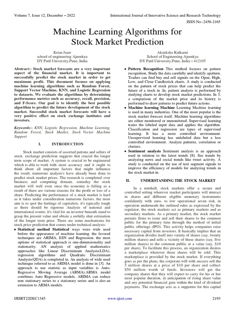 Machine Learning Algorithms For Stock Market Prediction | PDF | Support
