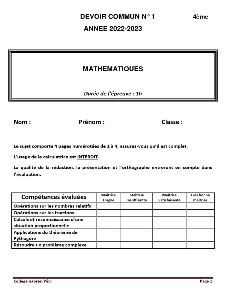 épreuve Commune 4ème Francais Avec Correction Pdf Devoir Commun 4ème 2022-2023 V2 | PDF | Objets mathématiques |  Mathématiques élémentaires