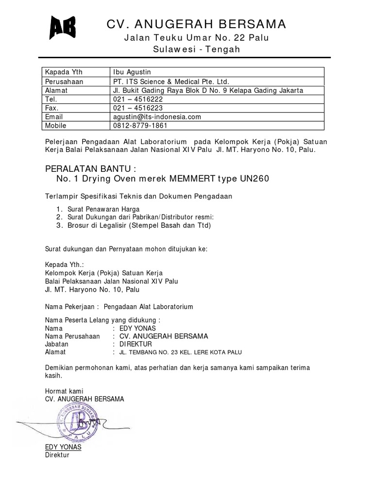 Data Permohonan Harga & Dukungan PT. ITS Science & Medical Pte. Ltd. CV. ANUGERAH BERSAMA