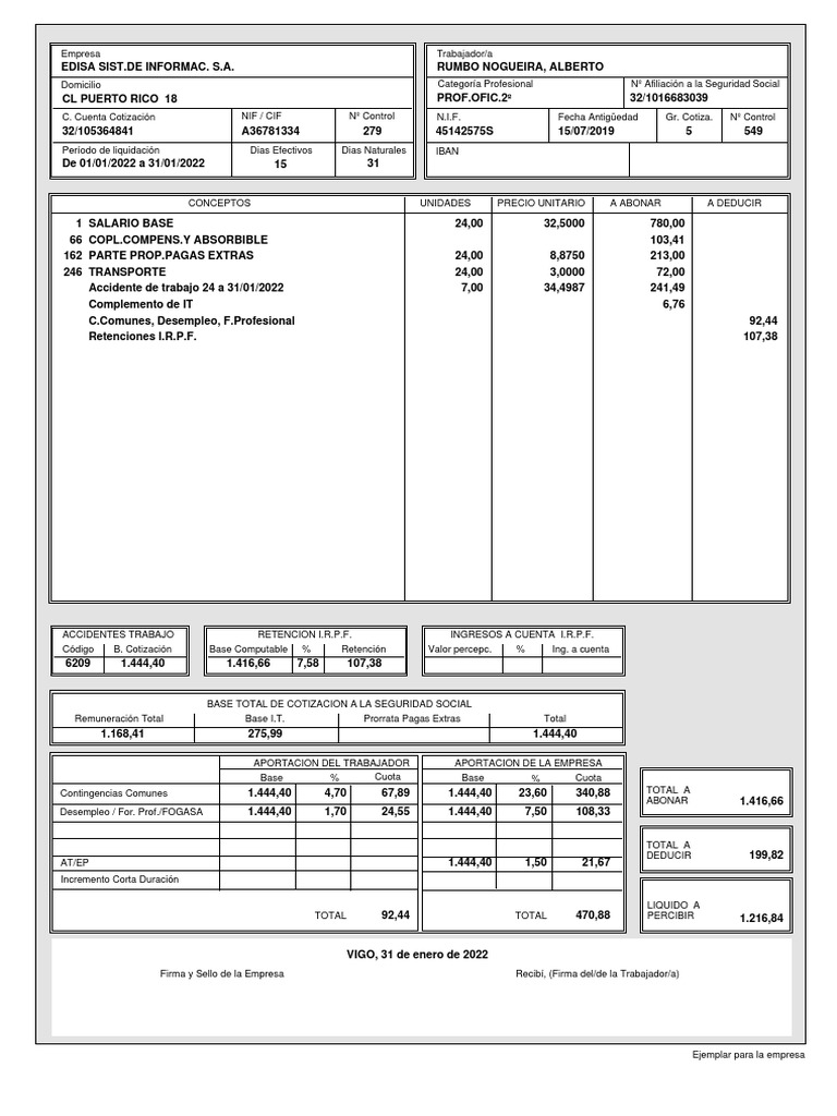 Ejemplo de Nómina con Detalles Laborales | PDF | Relaciones laborales ...