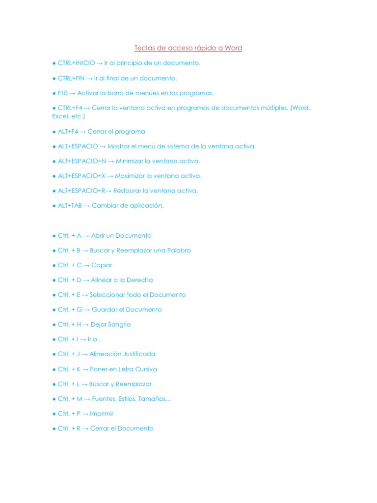 Teclas De Acceso Rapido A Word