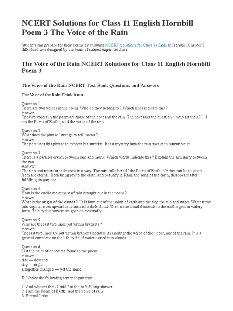 Ncert solutions for class 11 english hornbill poem 3 the voice of the