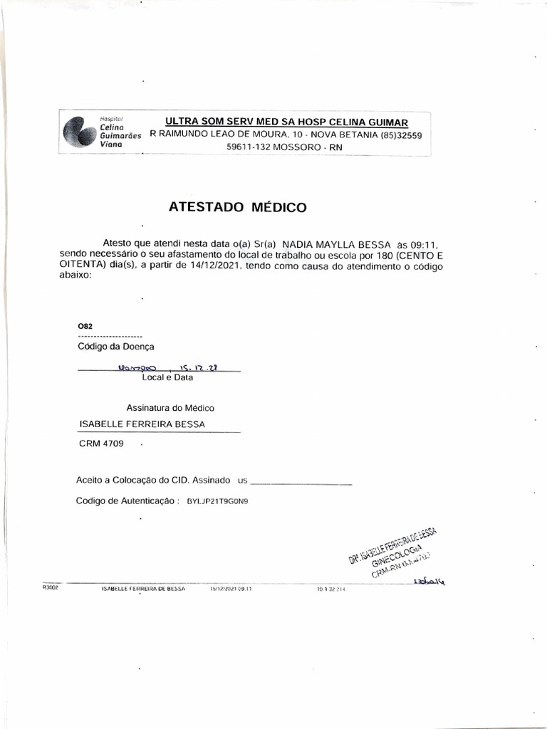 Atestado Médico de 180 Dias - CID 082 | PDF