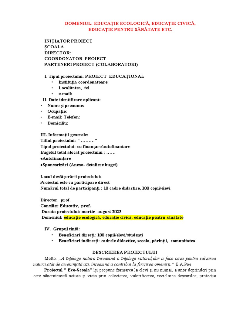 Proiect Educațional 2022 | PDF