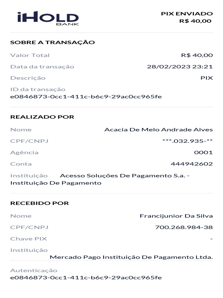 Valor Total Data Da Transação Descrição ID Da Transação: Pix Enviado R ...