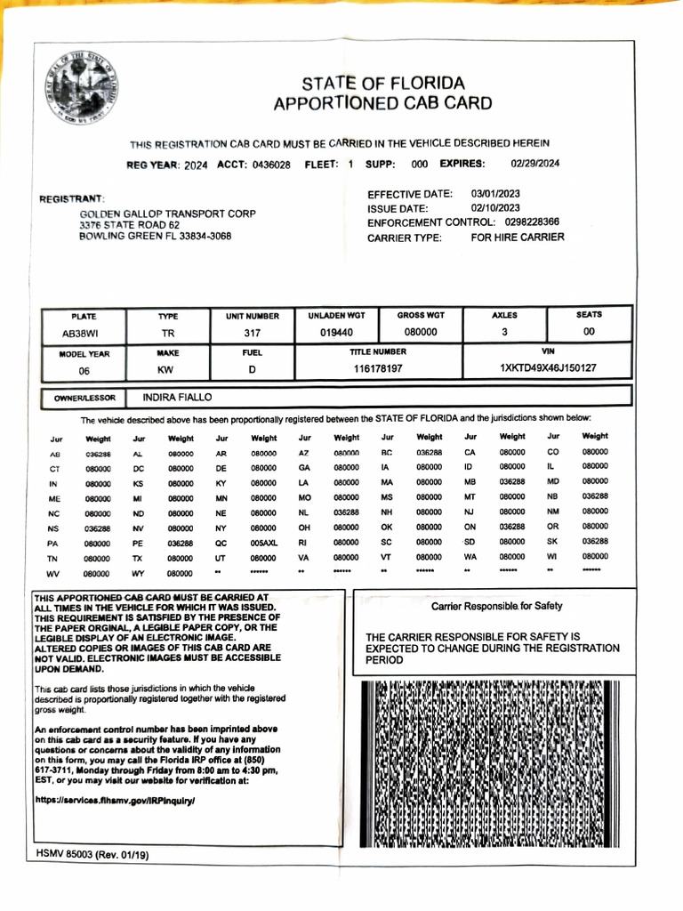 Cab Card Example